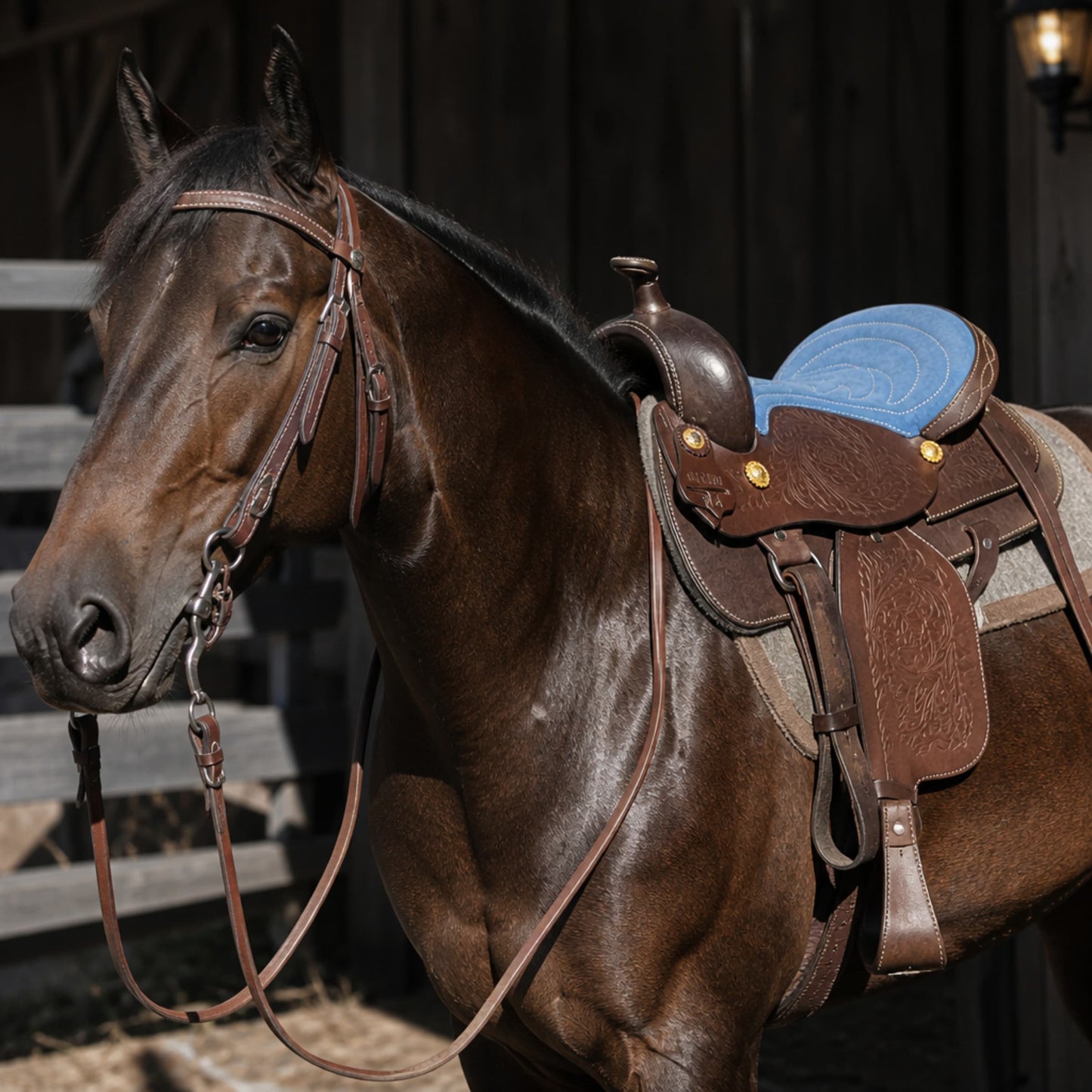 Leather Youth Western Saddle | 12" Blue Seat – Tooled with Gold Conchos