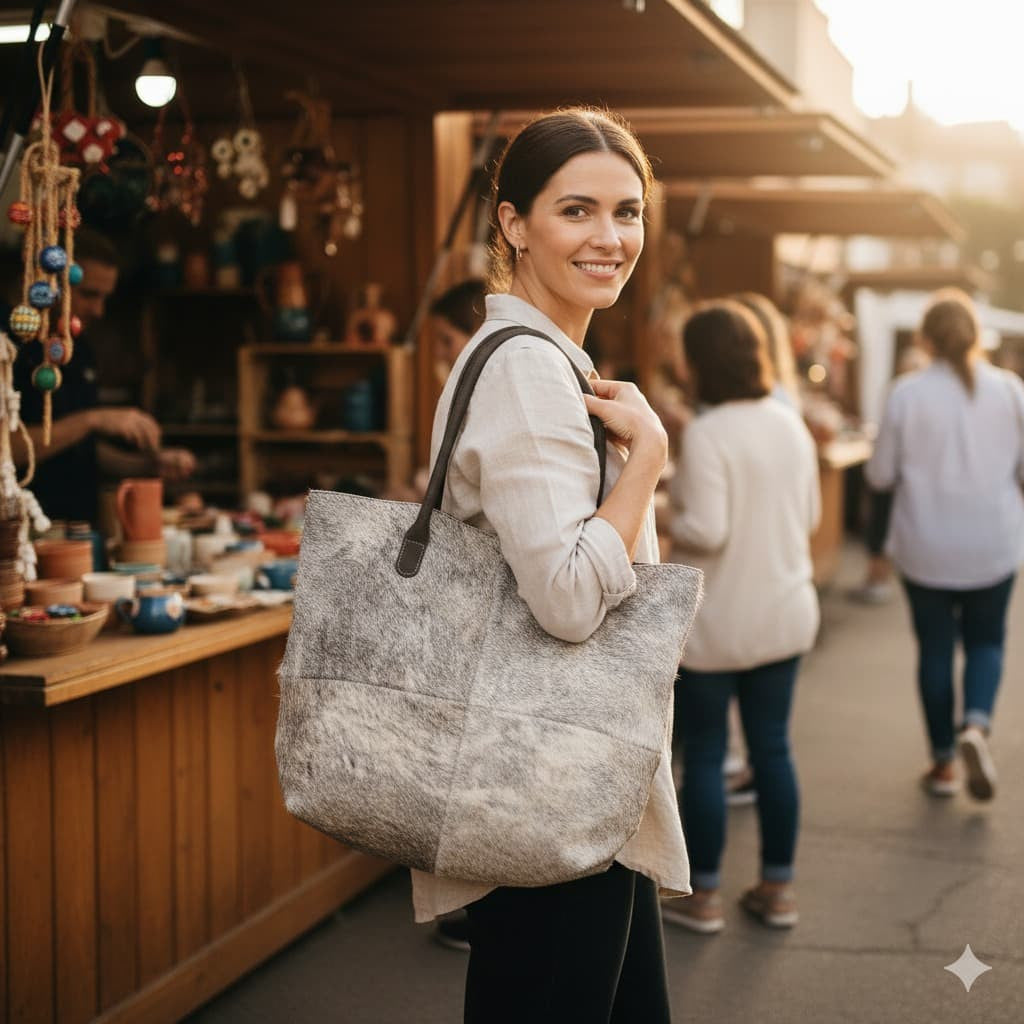 Cowhide Hair-On Tote Bag | Handcrafted Entire Piece Tri-Color Design – 15" x 19" Inches