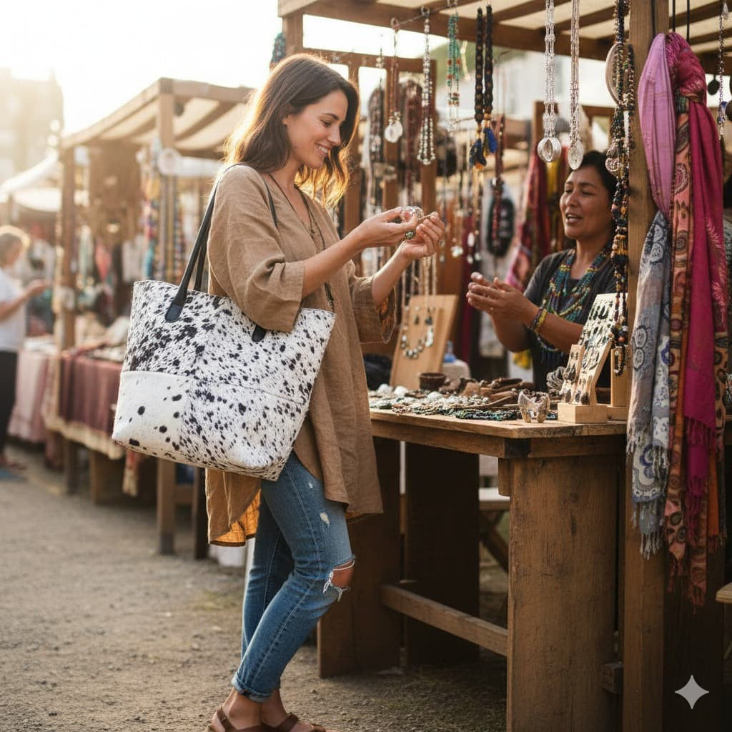 Cowhide Hair-On Tote Bag Exotic – 15" x 19" Inches | Black Speckled - Full Hide or Patchwork