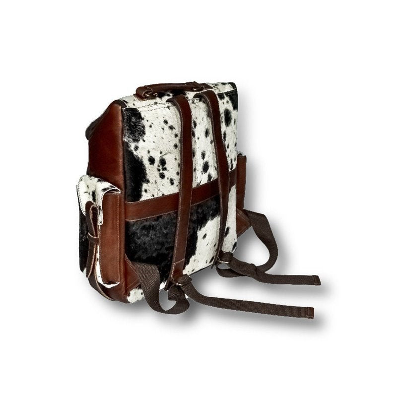 Cowhide Leather Backpack | Black & White Hair-On Panels – Dual Pockets