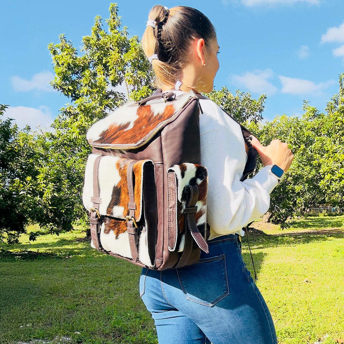 Cowhide Leather Backpack | Brown & White Hair-On Panels – Dual Pockets