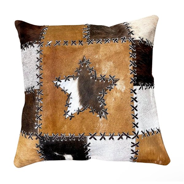 Cowhide Pillow - Patchwork Star Design - Handcrafted Hair-On - Luxurious Home Decor - Various Sizes and Colors