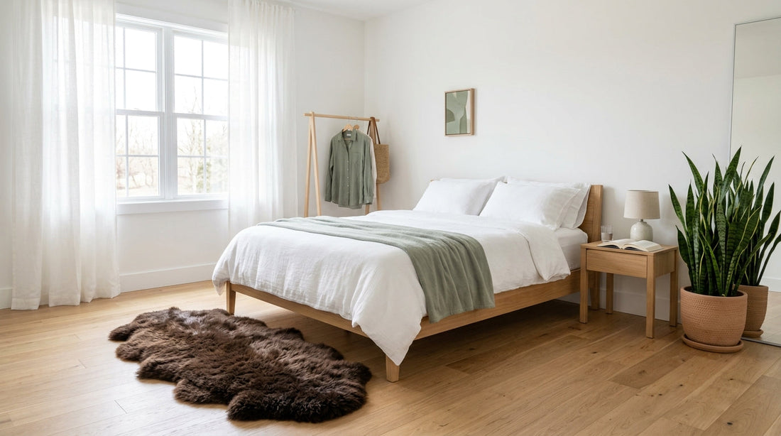 Clean minimalist bedroom with plush bison hide rug at foot of white-linen platform bed, natural light