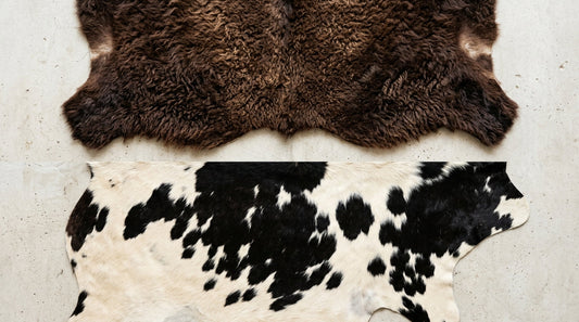 Side-by-side comparison: dark brown bison hide rug top, black-and-white spotted cowhide rug bottom, on light concrete