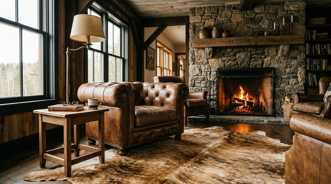 Heritage rustic-modern living room with weathered cowhide rug, leather Chesterfield, stone fireplace