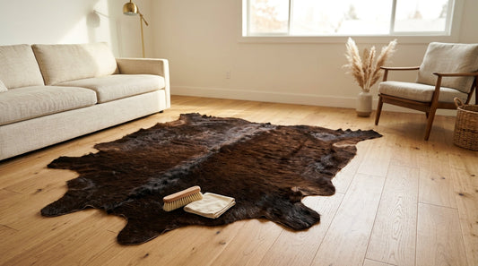Large dark-chocolate American bison hide rug on light oak floor with care brush and microfiber cloth