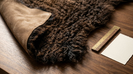 Close-up still-life of premium first-grade American bison hide corner showing dense curly hair and suede backing on walnut table