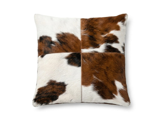 Cowhide Patchwork Pillow Cover | Tricolor Hair-On – 20x20 — front view on white background