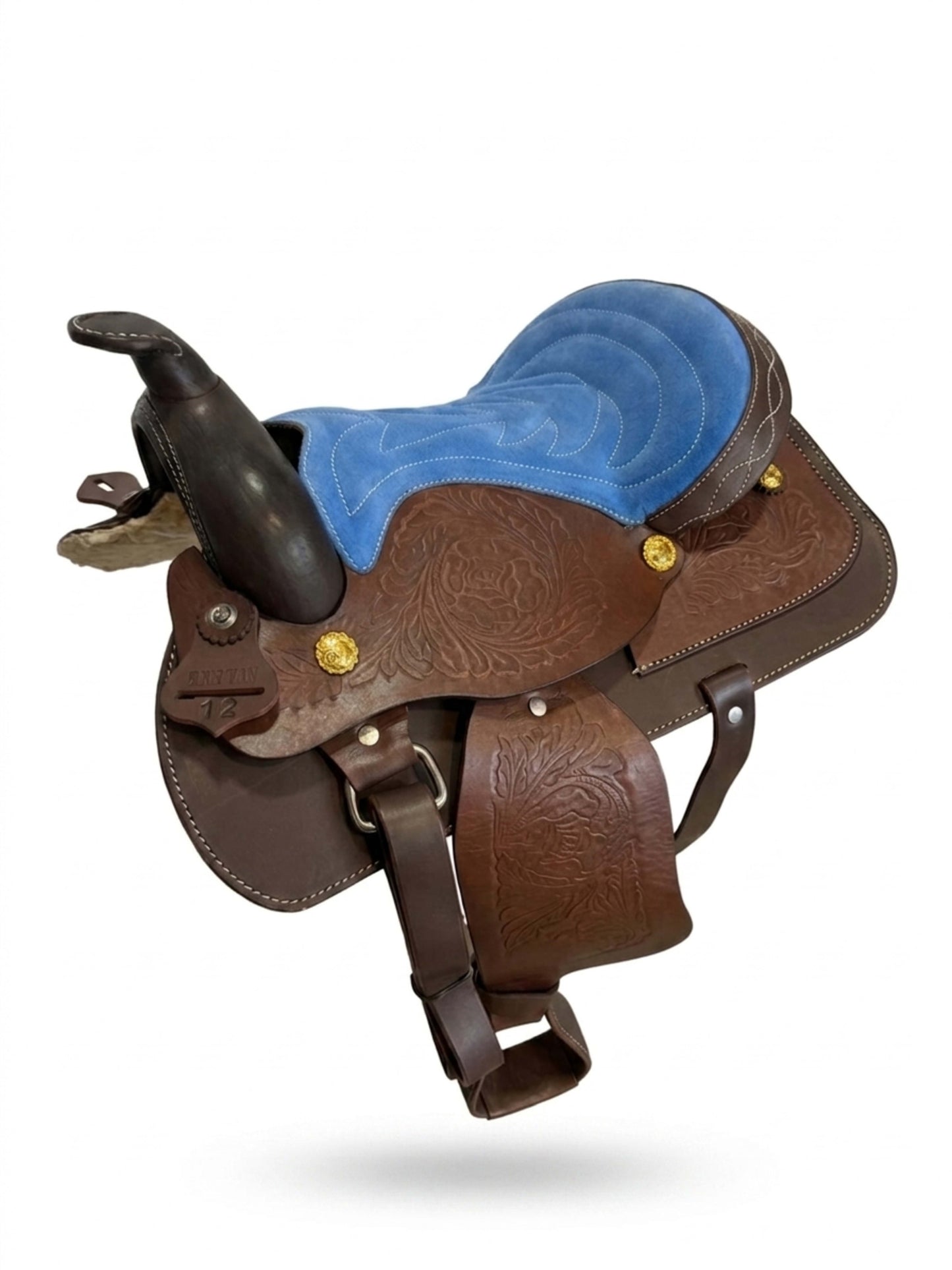 Leather Youth Western Saddle | 12" Chocolate & Blue Seat – Tooled with Gold Conchos — front view on white background