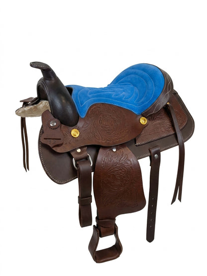 Leather Youth Western Saddle | 12" Blue Seat – Tooled with Gold Conchos — front view on white background