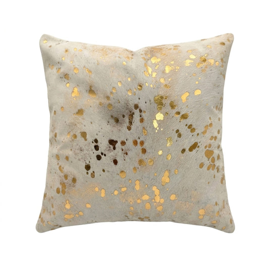 Cowhide Pillow Cover | Metallic Gold & Beige – Hair-On 20x20 — front view on white background