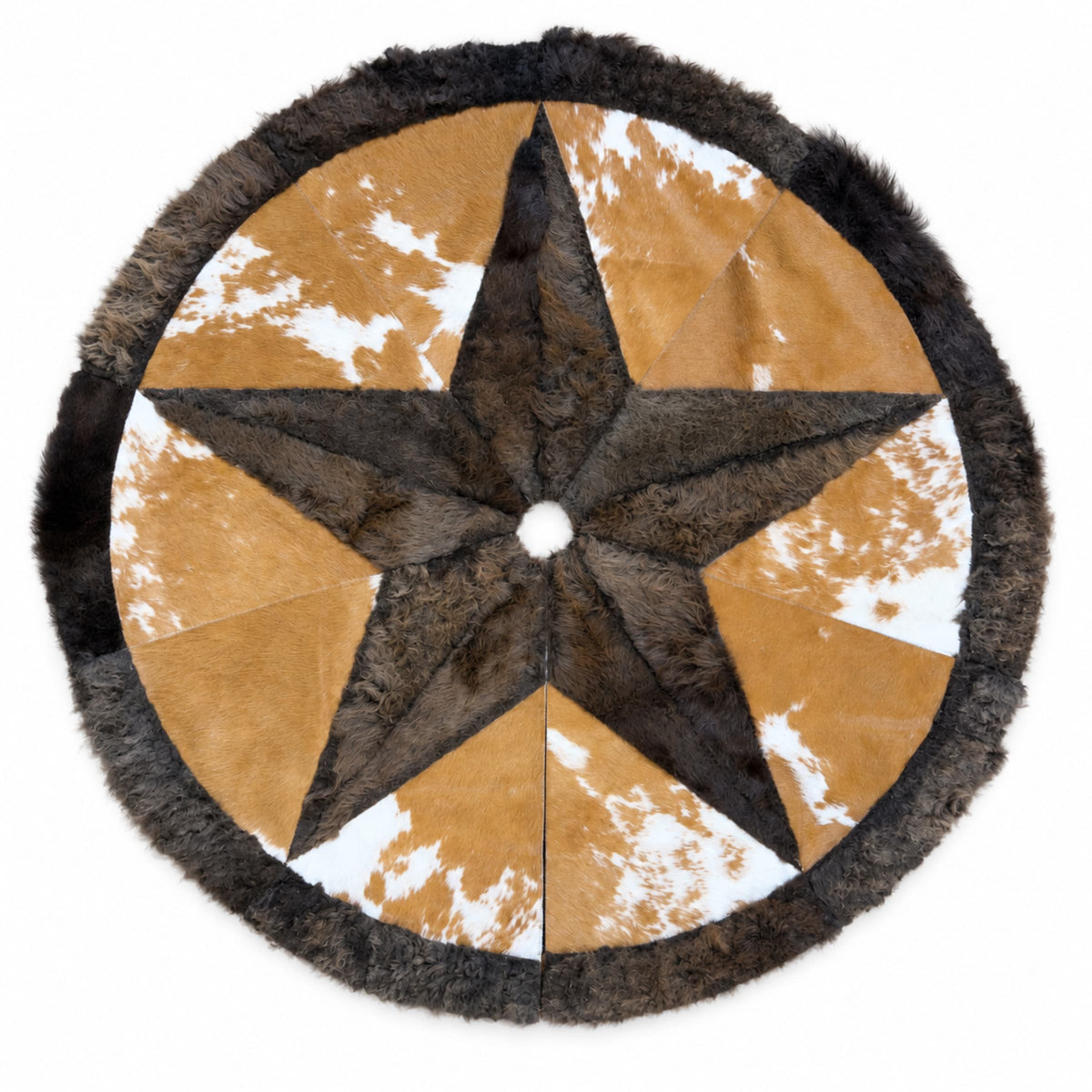 Leather Christmas Tree Skirt | Brown & White – Bison & Cowhide, 3.5 Ft — front view on white background