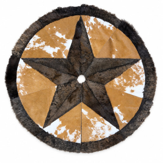 Leather Christmas Tree Skirt | Brown & White – Bison & Cowhide, 3.5 Ft — front view on white background
