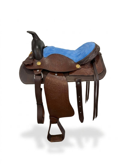 Leather Youth Western Saddle | 12" Blue Seat – Tooled with Gold Conchos — three-quarter angle view on white