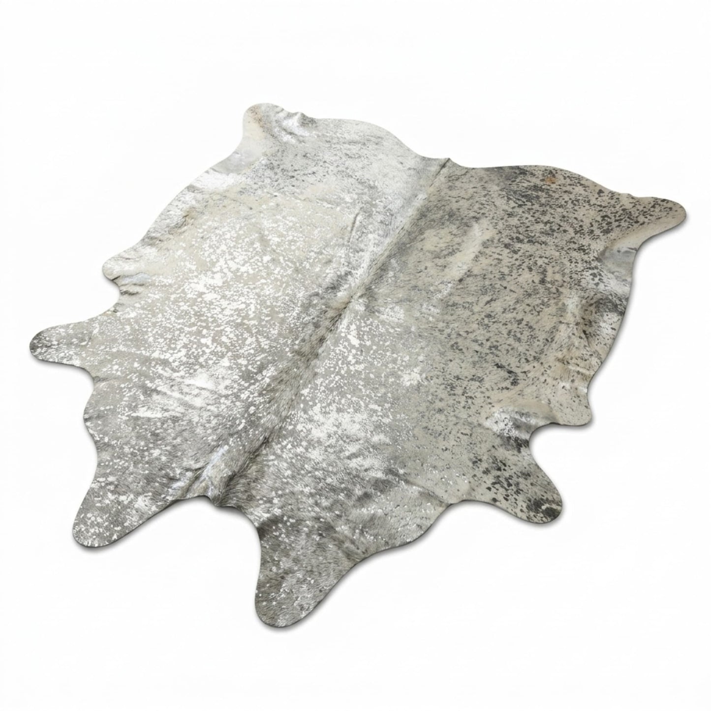 Cowhide Hair-On Rug | Colombian Metallic Silver Acid Wash Large — three-quarter angle view on white