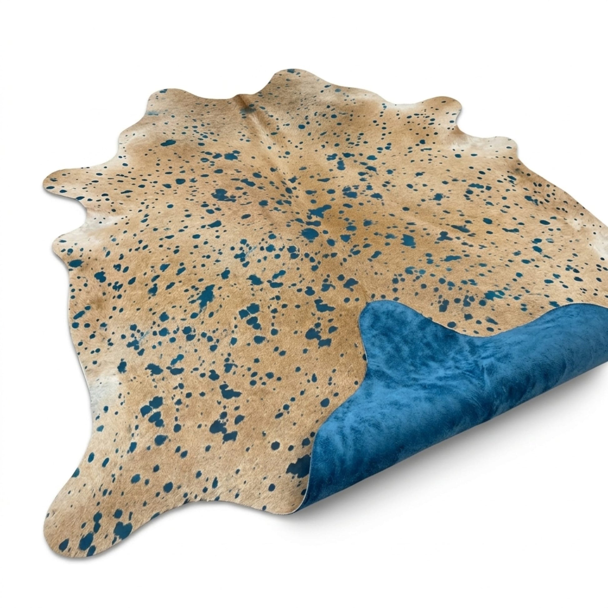 Cowhide Rug | Turquoise Acid Wash Hair-On – Brazilian 8x7 Ft — three-quarter angle view on white