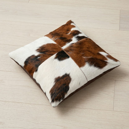 Cowhide Patchwork Pillow Cover | Tricolor Hair-On – 20x20 — 02 flat on floor