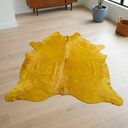 Cowhide Rug | Solid Yellow Hair-On – Large 7x6 Ft — 02 flat on floor