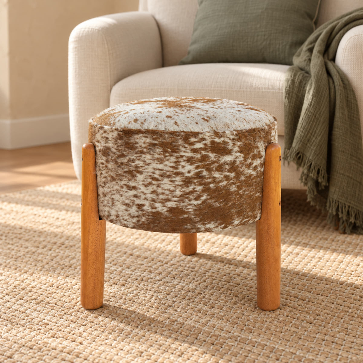 Cowhide Footstool | Black & White Hair-On – Brazilian Cowhide, Eucalyptus Legs — 02 in living room