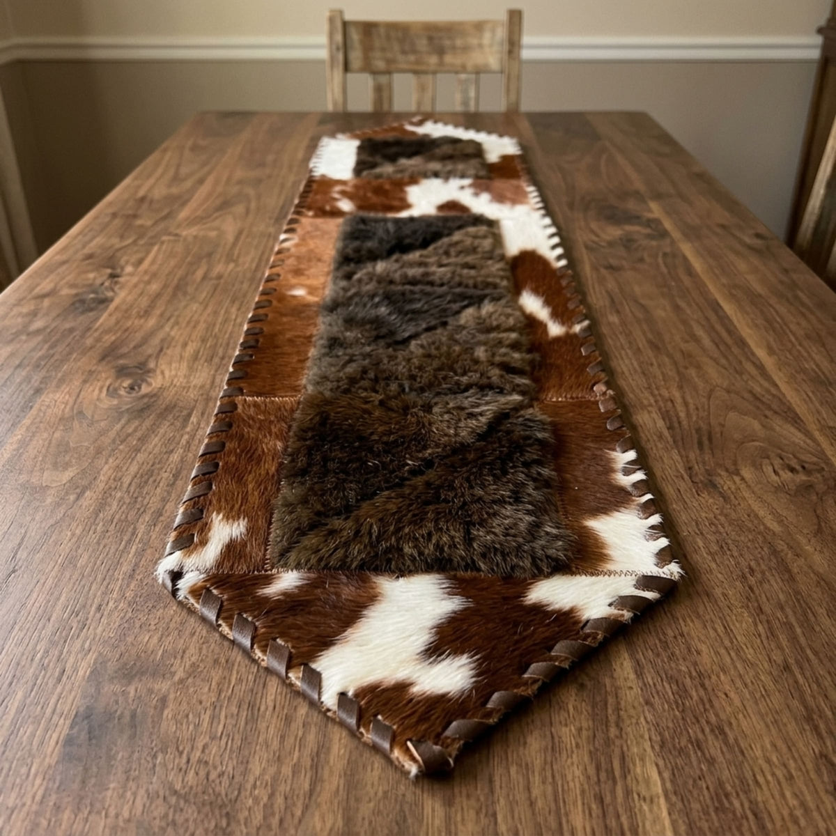 Cowhide Table Runner | Brown & White Hair-On – Single Hide 1' x 3' — 02 on dining table