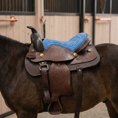 Leather Youth Western Saddle | 12" Blue Seat – Tooled with Gold Conchos — 02 on horse