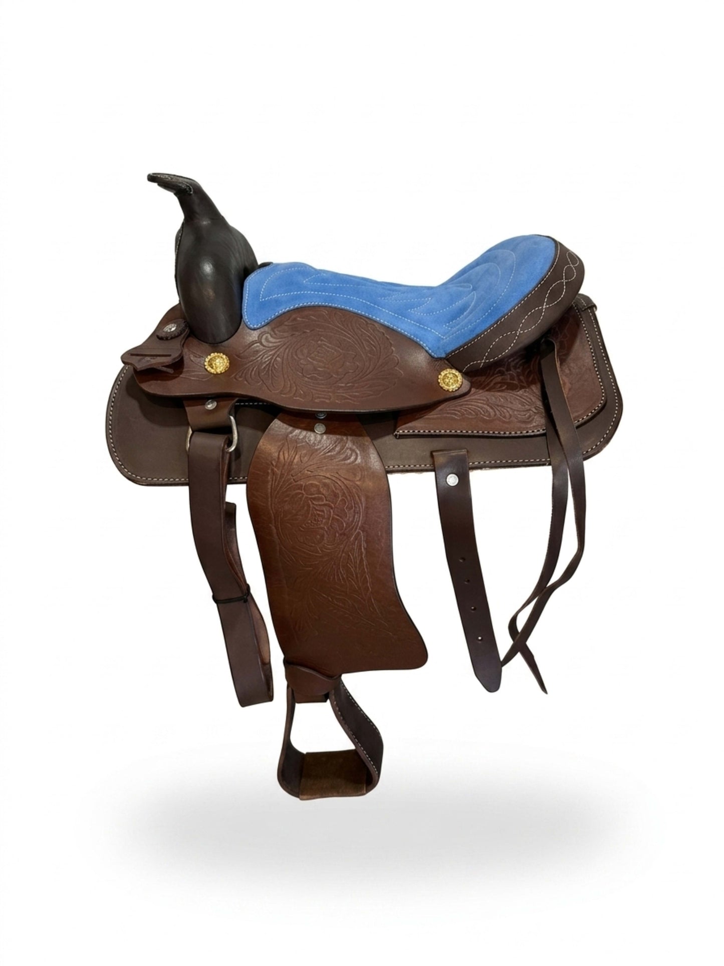 Leather Youth Western Saddle | 12" Blue Seat – Tooled with Gold Conchos — 03 angle white