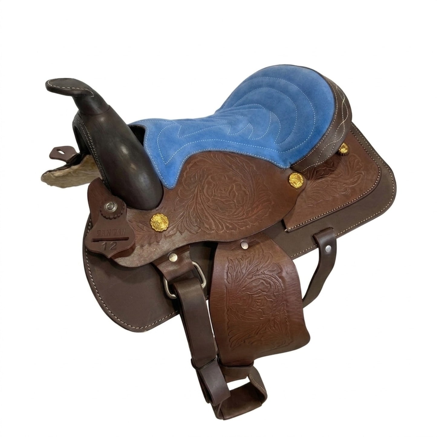 Leather Youth Western Saddle | 12" Chocolate & Blue Seat – Tooled with Gold Conchos — 03 angle white