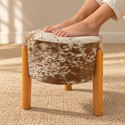 Cowhide Footstool | Black & White Hair-On – Brazilian Cowhide, Eucalyptus Legs — 03 feet resting