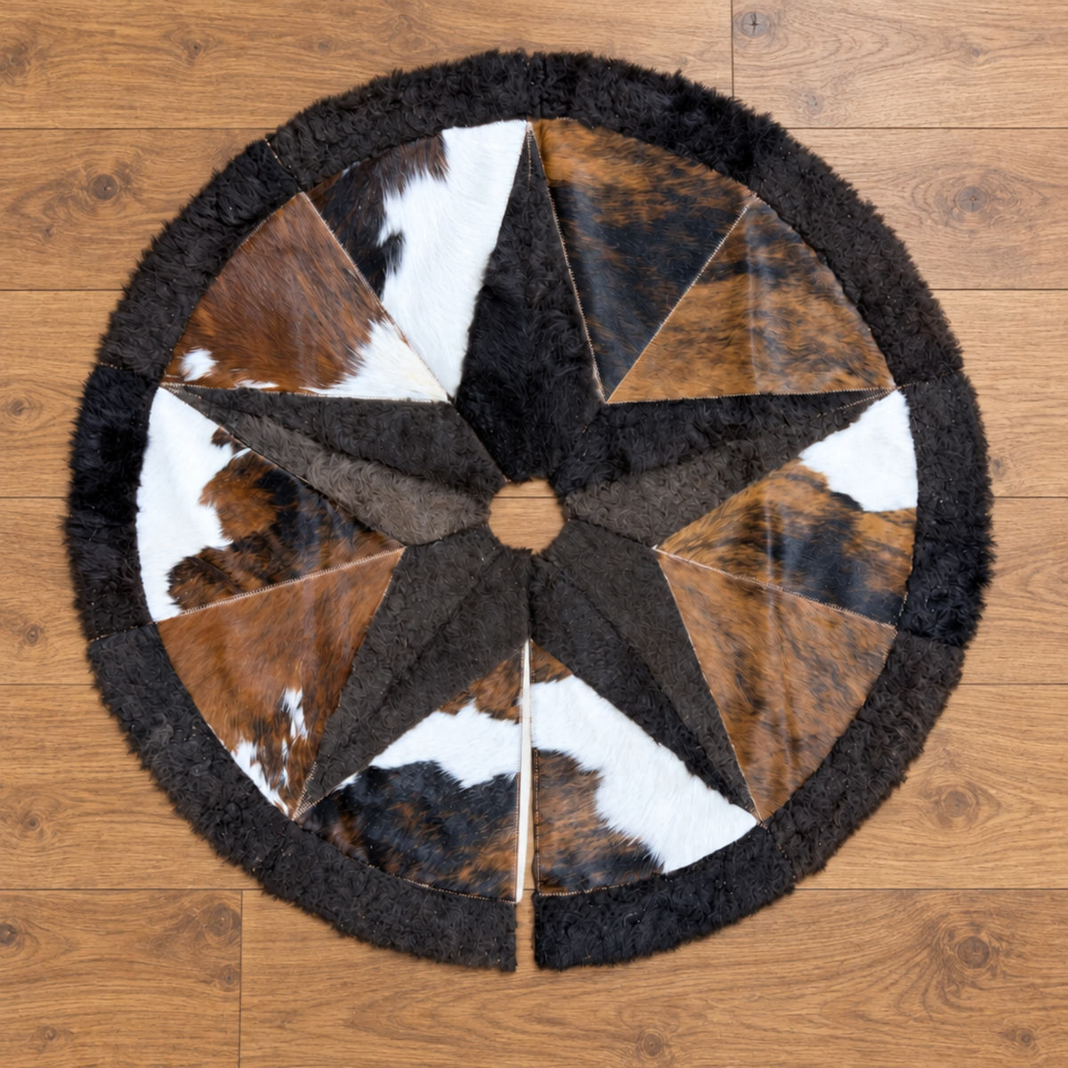 Cowhide Christmas Tree Skirt | Tricolor – 3.5 & 5 Ft — 03 flat overhead