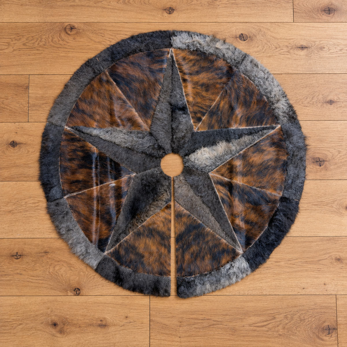 Cowhide Christmas Tree Skirt | Brindle Hair-On – Round 3.5 Ft — 03 flat overhead