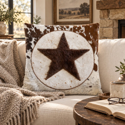 Bison & Cowhide Pillow Cover | Tricolor Hair-On – Black & Brown Speckled, 20 x 20 In styled in a contemporary home setting