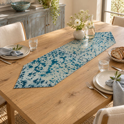 Cowhide Table Runner | White with Turquoise Acid-Washed Hair-On – Brazilian 4x1 Ft styled in a contemporary home setting
