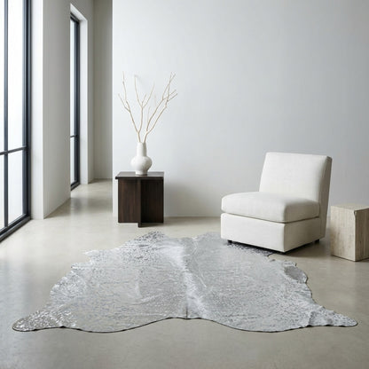 Cowhide Hair-On Rug | Colombian Metallic Silver Acid Wash Large styled in a contemporary home setting
