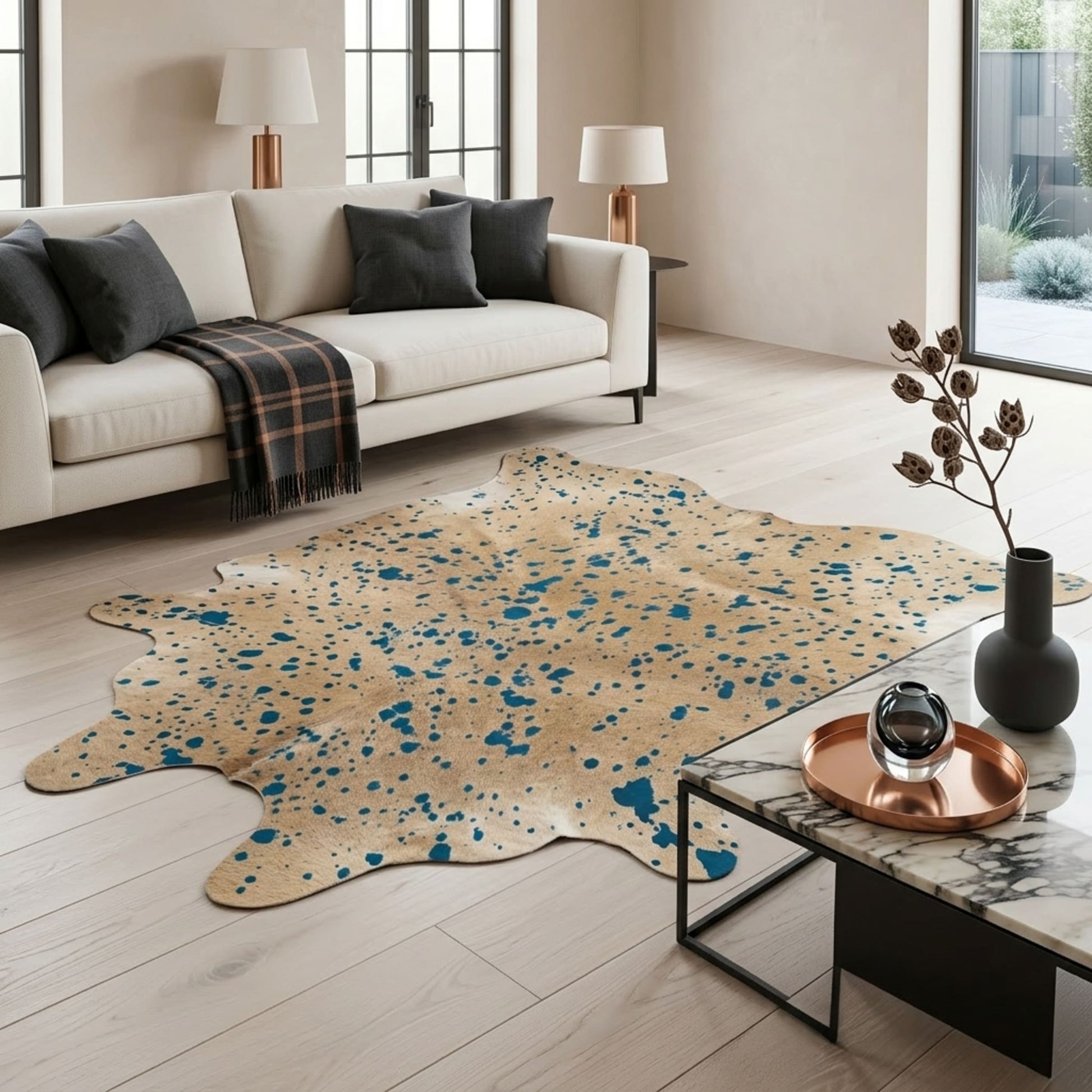 Cowhide Rug | Turquoise Acid Wash Hair-On – Brazilian 8x7 Ft styled in a contemporary home setting