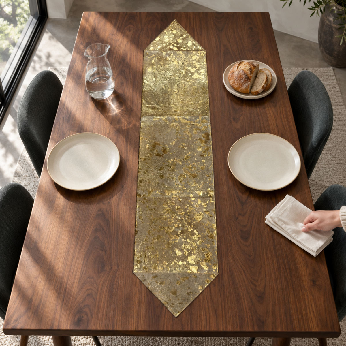 Cowhide Table Runner | Gold Acid-Washed Hair-On – Brazilian Patchwork styled in a contemporary home setting
