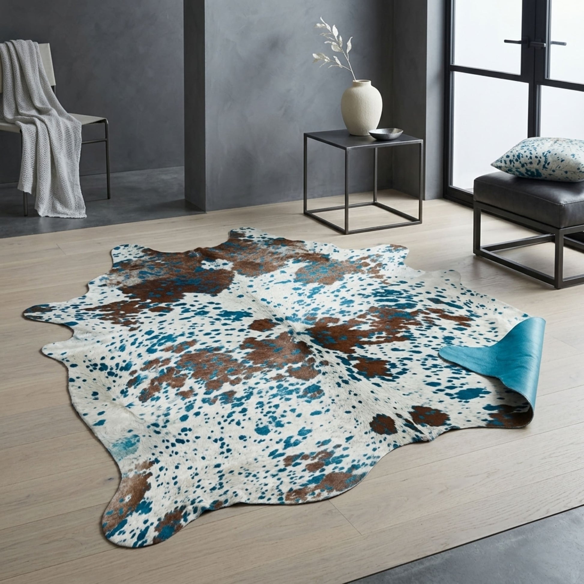 Cowhide Rug | Acid Wash White & Brown Turquoise – Brazilian 7x6 ft styled in a contemporary home setting