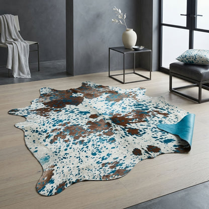 Cowhide Rug | Acid Wash White & Brown Turquoise – Brazilian 7x6 ft styled in a contemporary home setting