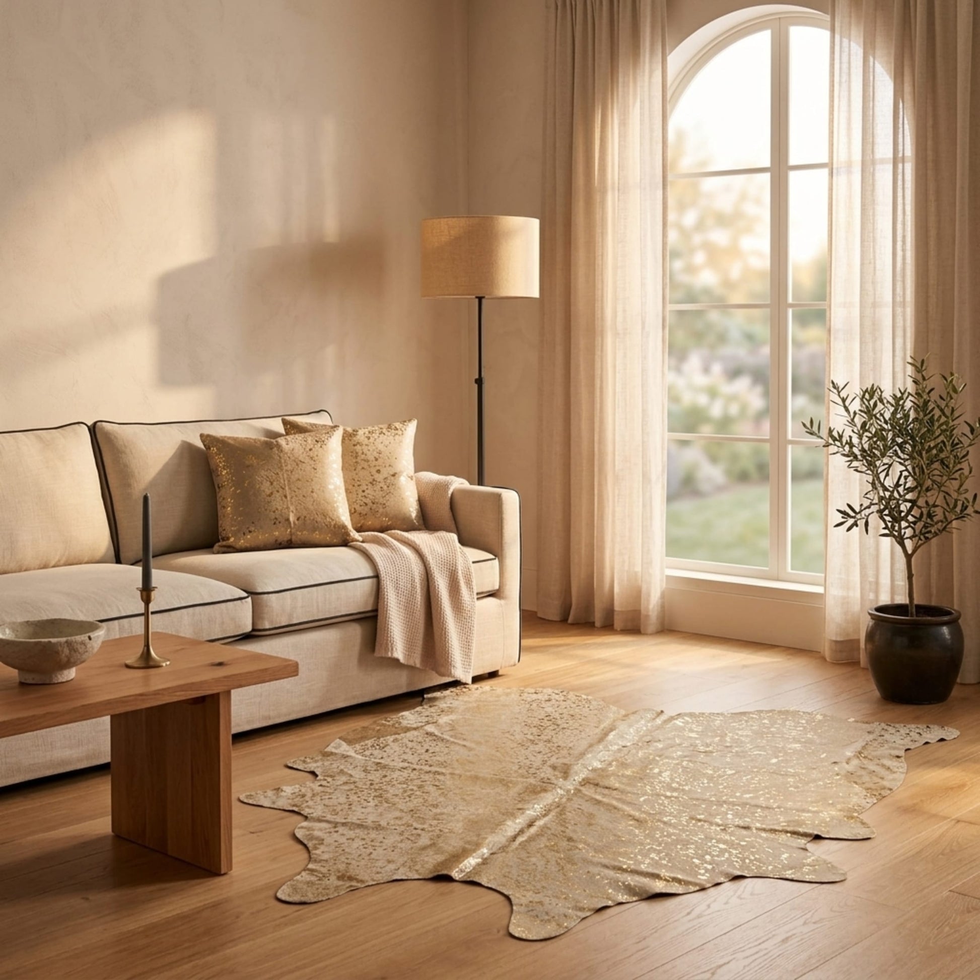 Cowhide Hair-On Rug | Colombian Metallic Gold Acid Wash Large styled in a contemporary home setting