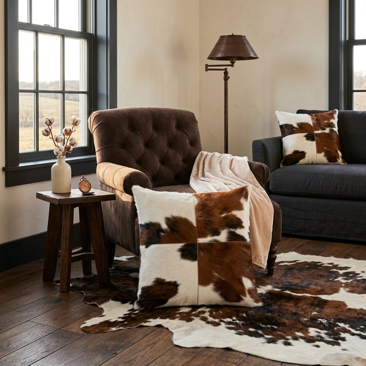 Cowhide Patchwork Pillow Cover | Tricolor Hair-On – 20x20 styled in a contemporary home setting