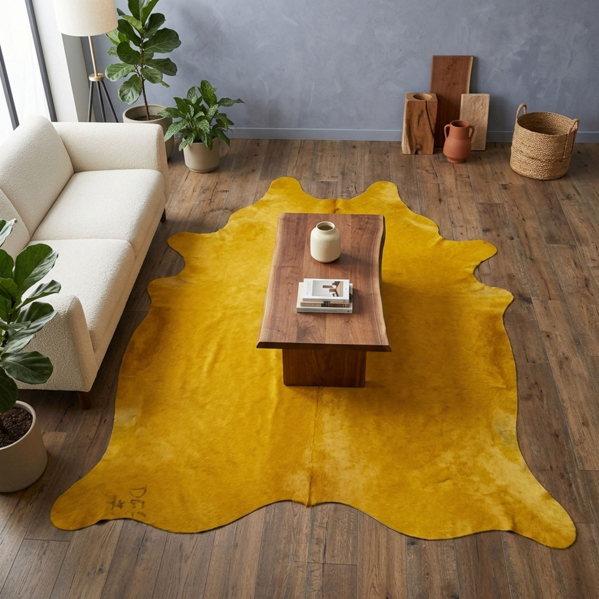 Cowhide Rug | Solid Yellow Hair-On – Large 7x6 Ft — 03 living room
