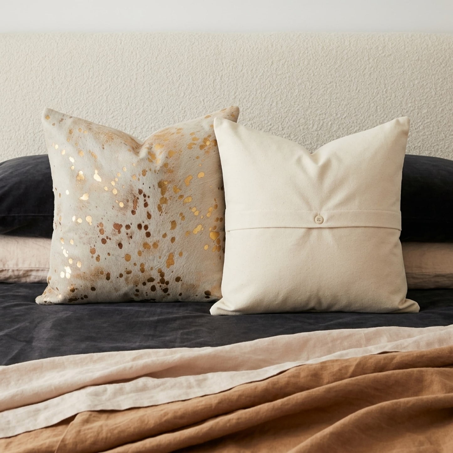 Cowhide Pillow Cover | Metallic Gold & Beige – Hair-On 20x20 — 03 styled pair
