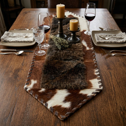 Cowhide Table Runner | Brown & White Hair-On – Single Hide 1' x 3' — 03 styled tablescape