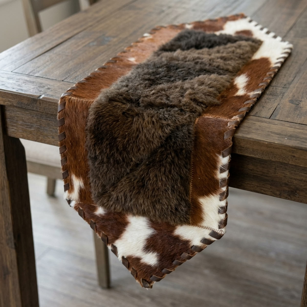 Cowhide Table Runner | Brown & White Hair-On – Single Hide 1' x 3' — 04 draped over edge