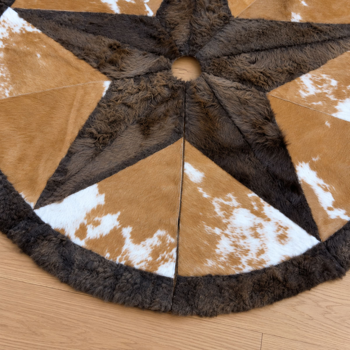 Leather Christmas Tree Skirt | Brown & White – Bison & Cowhide, 3.5 Ft — 04 opening detail