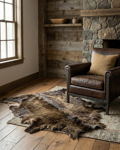 Elk Hide Rug | Icelandic Hair-On – Natural 4.5 x 3.5 Ft — size reference next to furniture
