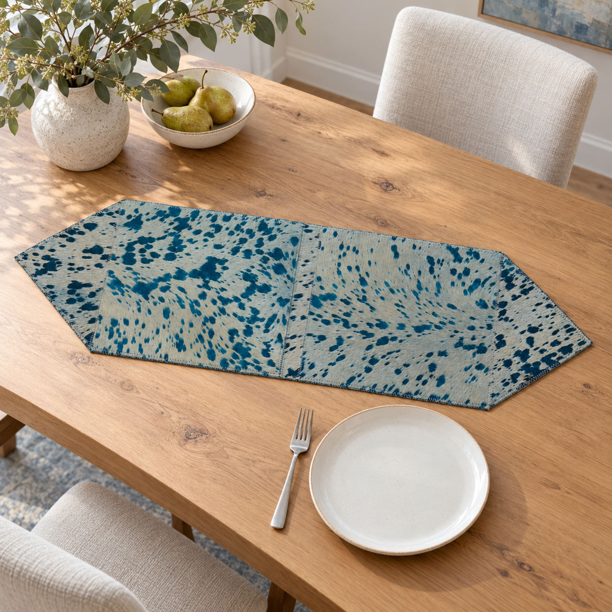 Cowhide Table Runner | White with Turquoise Acid-Washed Hair-On – Brazilian 4x1 Ft — size reference next to furniture