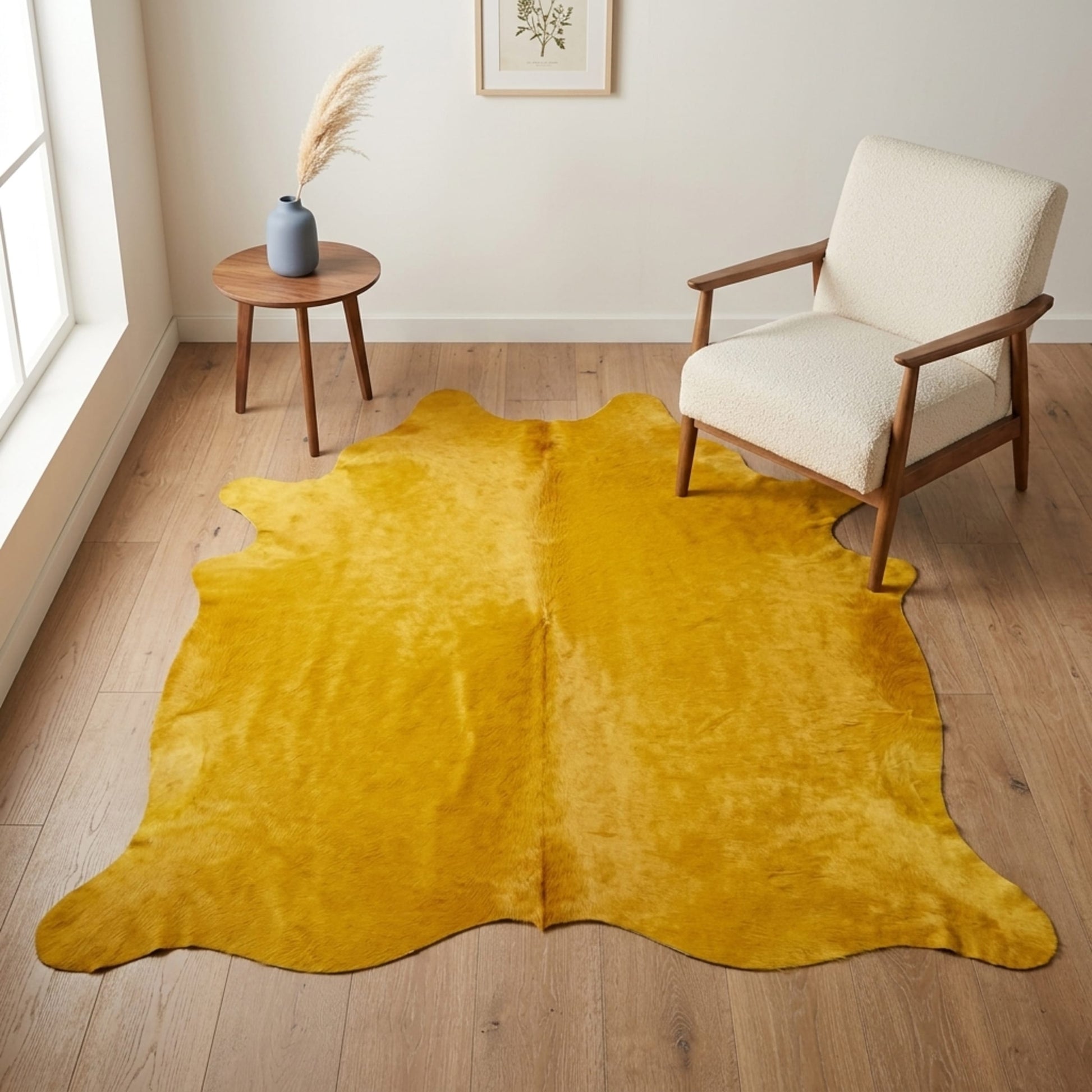 Cowhide Rug | Solid Yellow Hair-On – Large 7x6 Ft — size reference next to furniture