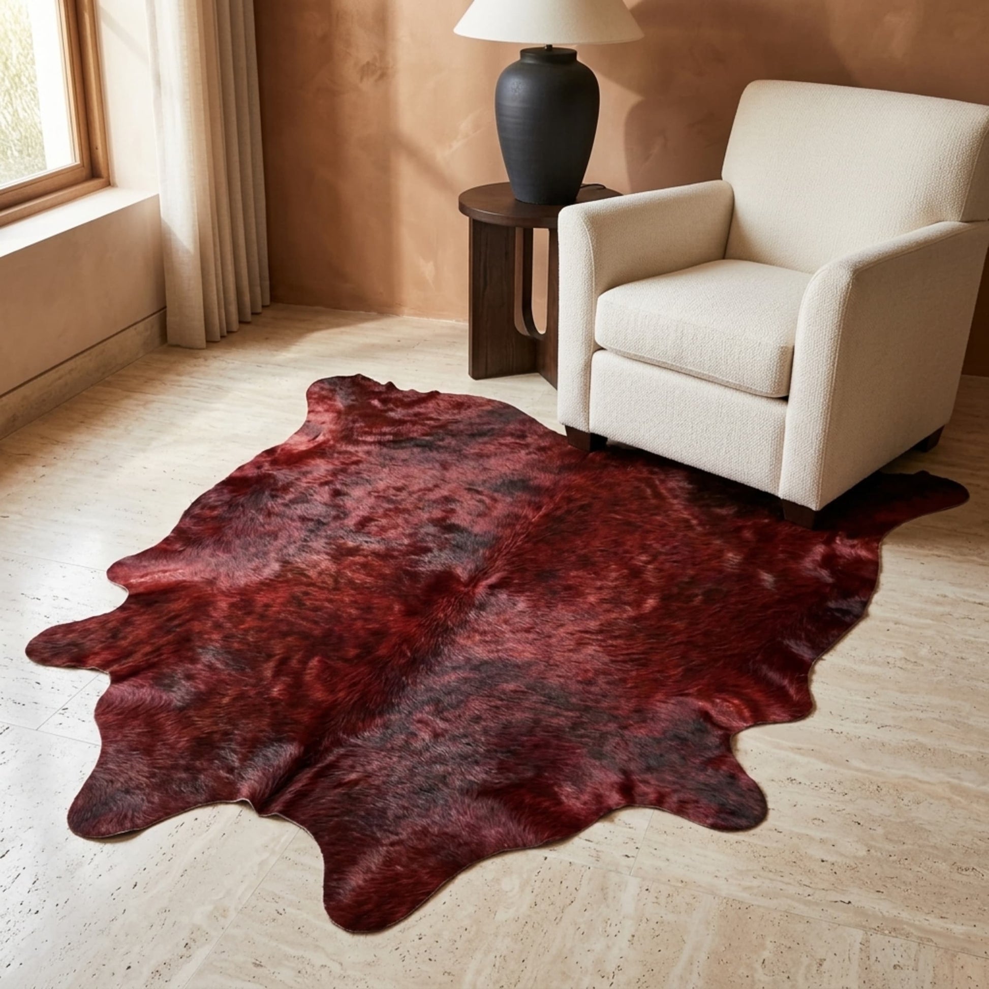 Cowhide Rug | Red Dyed Hair-On – 6x5 Ft Single Hide — size reference next to furniture