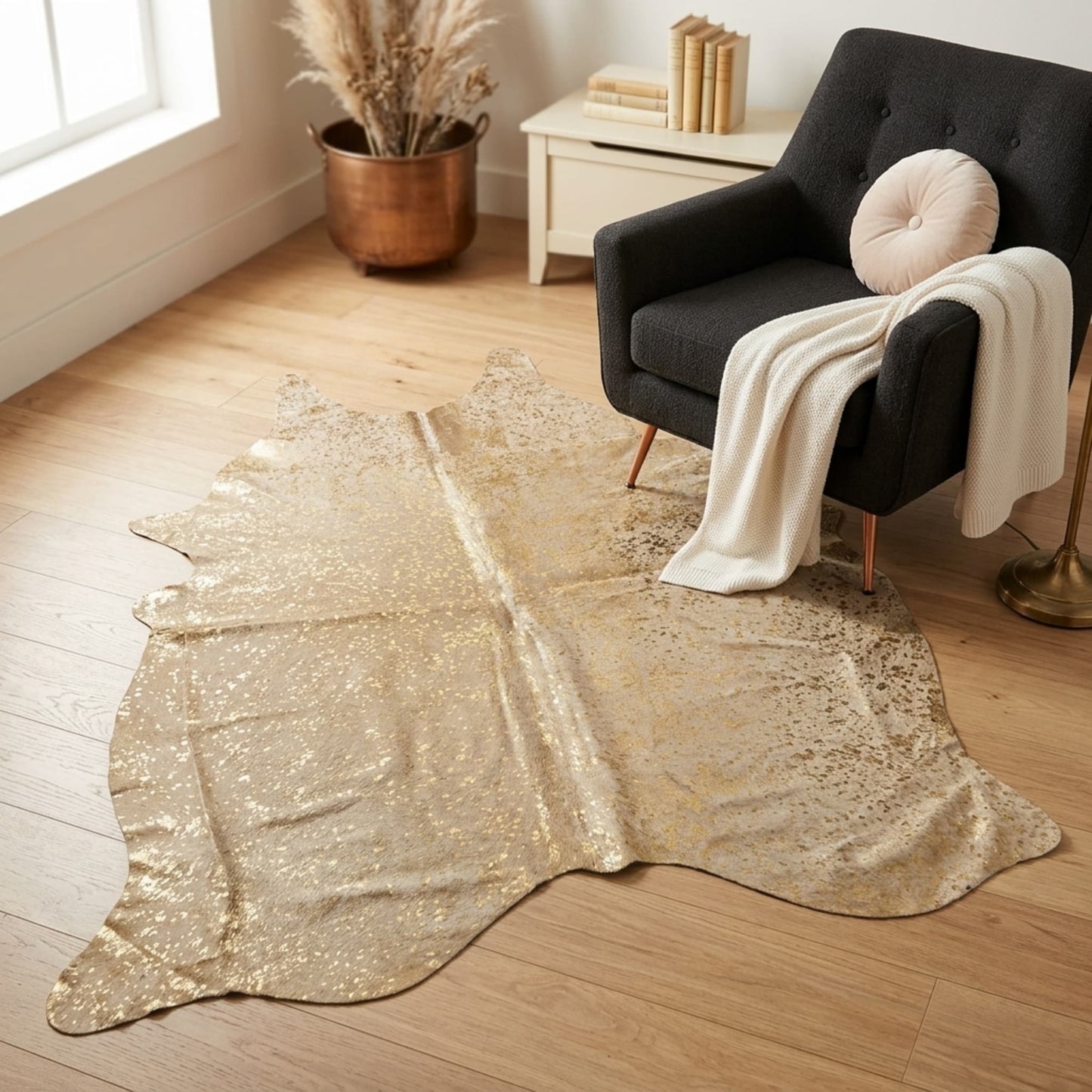 Cowhide Hair-On Rug | Colombian Metallic Gold Acid Wash Large — size reference next to furniture