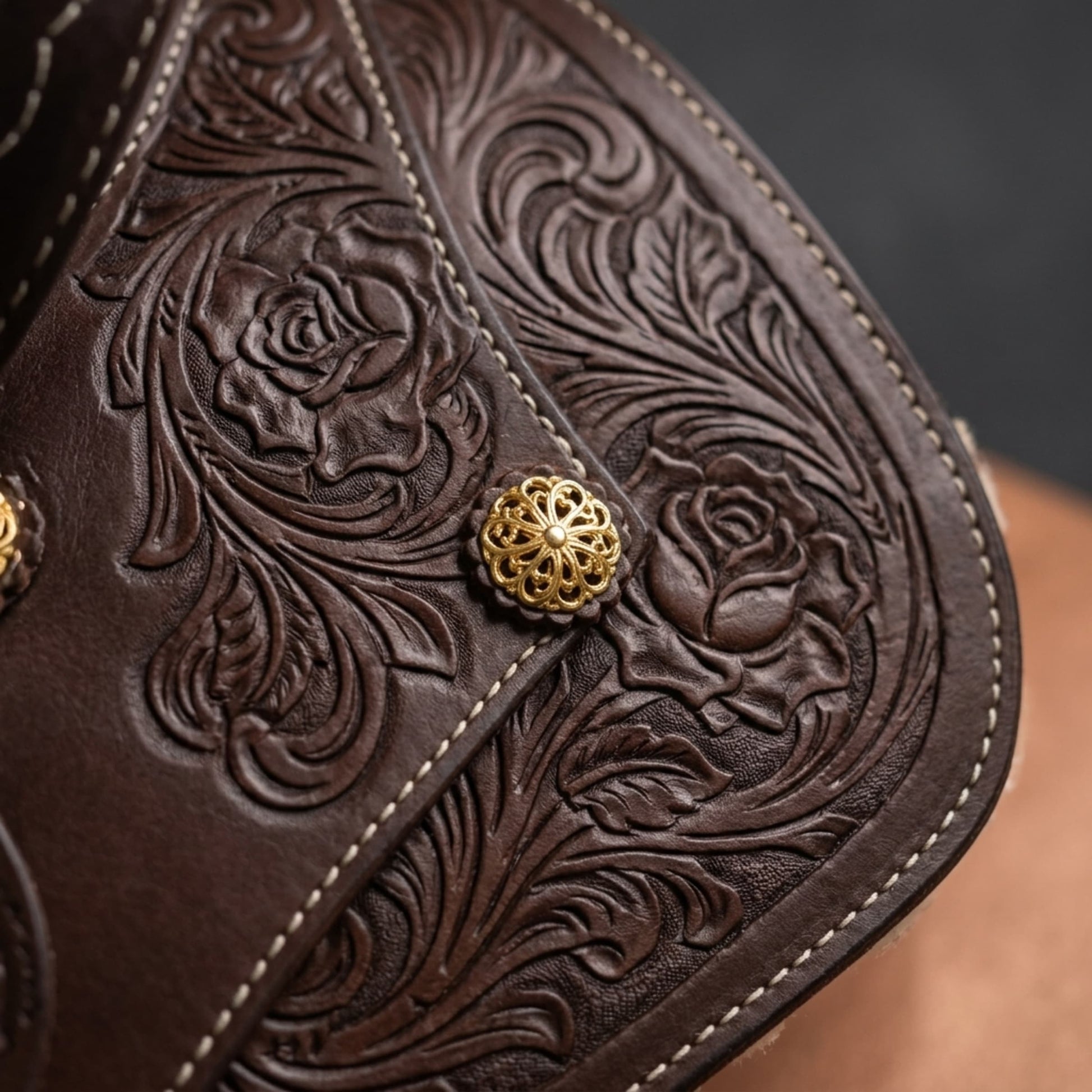 Leather Youth Western Saddle | 12" Blue Seat – Tooled with Gold Conchos — 04 tooling detail
